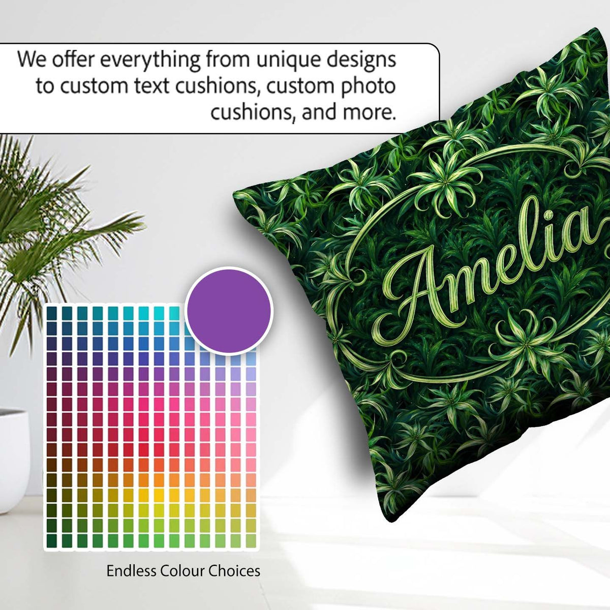 Custom Name Lush Tropical Green Foliage Botanical Jungle Pattern Square Filled Cushion Throw Pillow Sofa Bed Home Decor Zip Washable UK Made