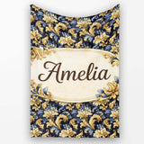 Blue Gold Baroque Floral Seamless Pattern Luxury Vintage Ornamental  Personalised Custom Name Super Soft Fleece Blanket Bed Sofa Throw