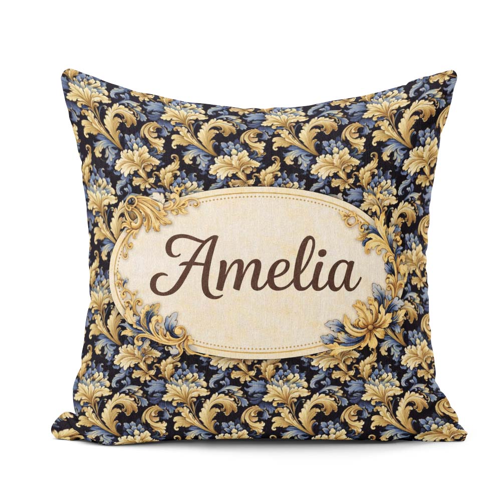 Custom Name Blue Gold Baroque Floral Seamless Pattern Ornamental Square Filled Cushion Throw Pillow Sofa Bed Home Decor Zip Washable UK Made