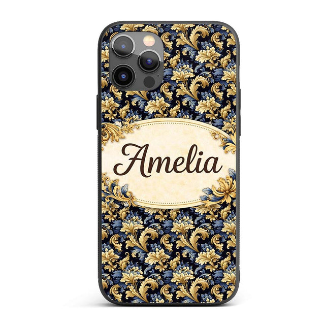 Blue Gold Baroque Floral Seamless Pattern Luxury Custom Name Protective Phone Case Mobile Cover Durable Everyday Smartphone Shock Resistant