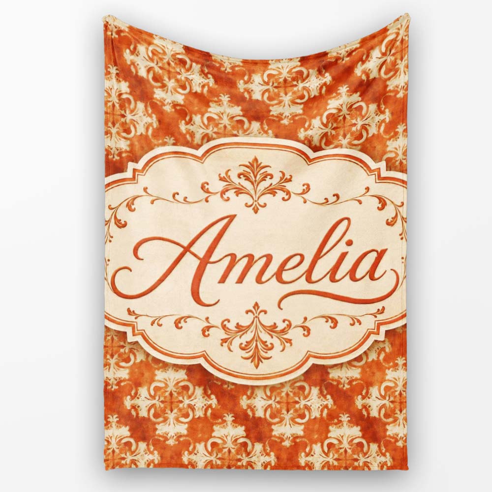 Vintage Orange Damask Ornamental Texture Seamless Pattern Design  Personalised Custom Name Super Soft Fleece Blanket Bed Sofa Throw