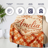 Vintage Orange Damask Ornamental Texture Seamless Pattern Design  Personalised Custom Name Super Soft Fleece Blanket Bed Sofa Throw
