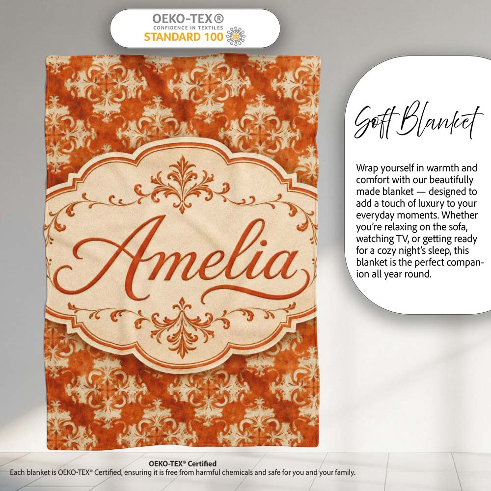 Vintage Orange Damask Ornamental Texture Seamless Pattern Design  Personalised Custom Name Super Soft Fleece Blanket Bed Sofa Throw