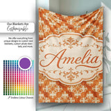 Vintage Orange Damask Ornamental Texture Seamless Pattern Design  Personalised Custom Name Super Soft Fleece Blanket Bed Sofa Throw