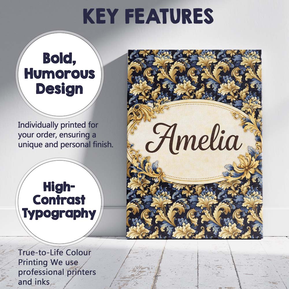 Personalised Name Blue Gold Baroque Floral Seamless Pattern Luxury Custom  Unique Canvas Wall Art Print Decor Picture Ready to Hang