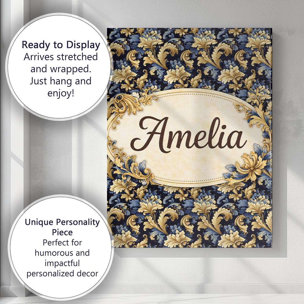 Personalised Name Blue Gold Baroque Floral Seamless Pattern Luxury Custom  Unique Canvas Wall Art Print Decor Picture Ready to Hang