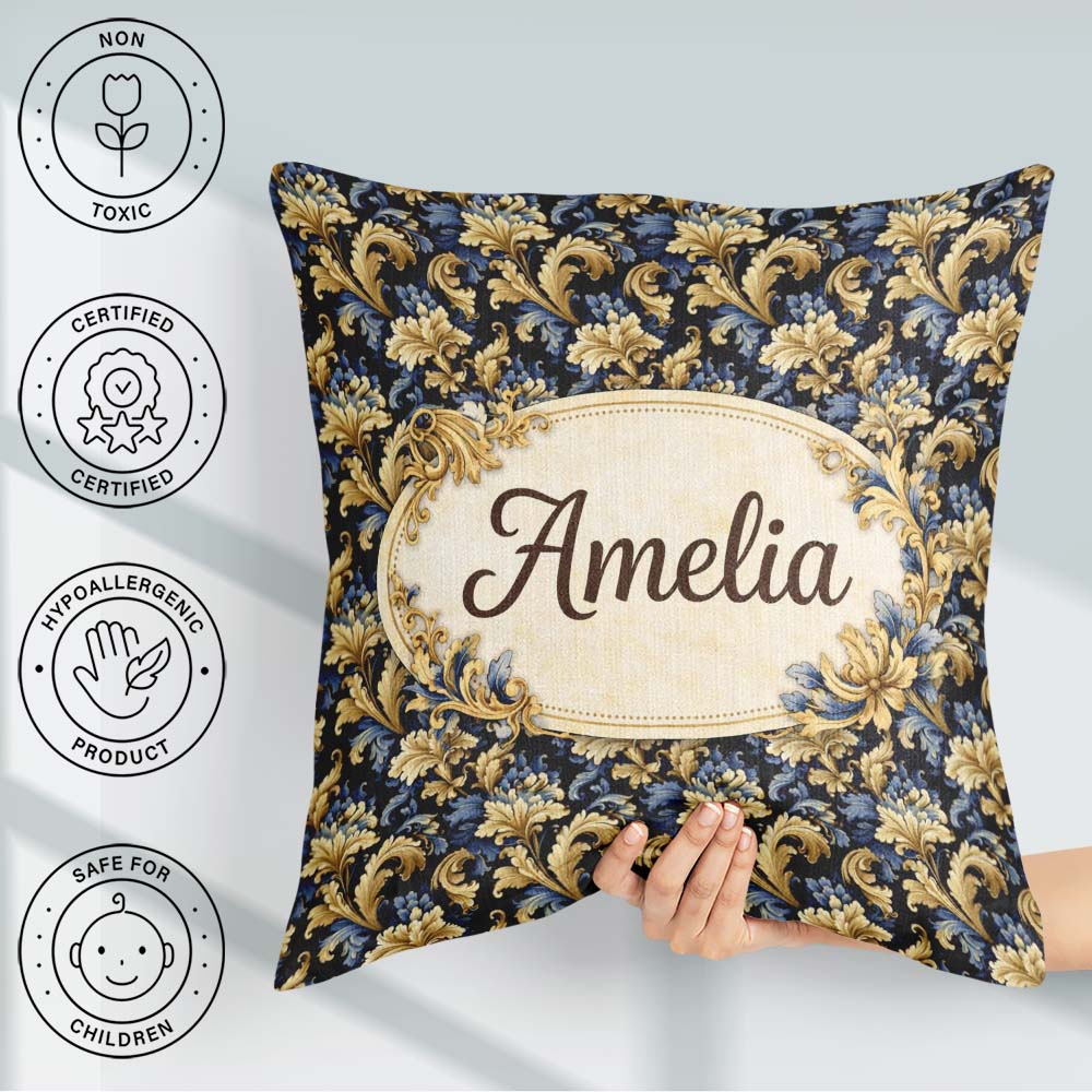 Custom Name Blue Gold Baroque Floral Seamless Pattern Ornamental Square Filled Cushion Throw Pillow Sofa Bed Home Decor Zip Washable UK Made