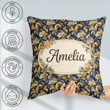 Custom Name Blue Gold Baroque Floral Seamless Pattern Ornamental Square Filled Cushion Throw Pillow Sofa Bed Home Decor Zip Washable UK Made