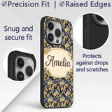 Blue Gold Baroque Floral Seamless Pattern Luxury Custom Name Protective Phone Case Mobile Cover Durable Everyday Smartphone Shock Resistant