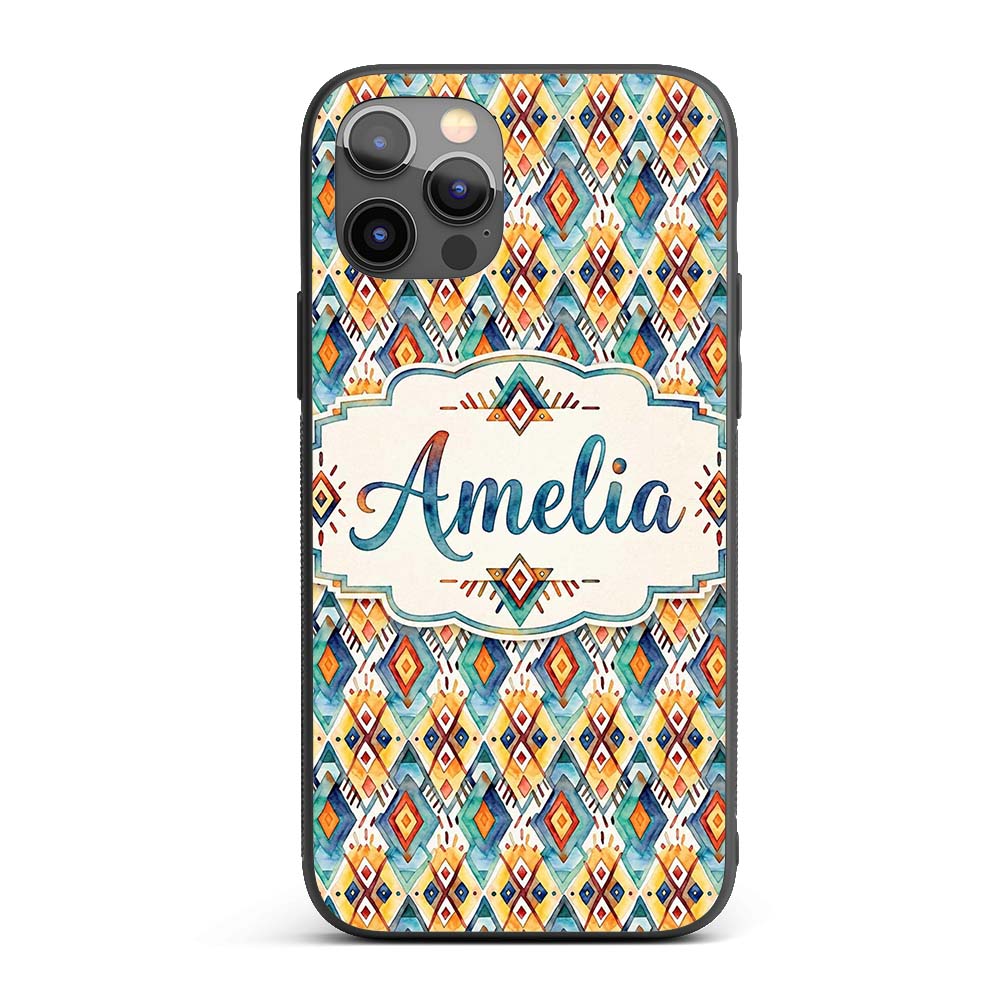 Colorful Diamond Aztec Tribal Watercolor Seamless Custom Name Protective Phone Case Mobile Cover Durable Everyday Smartphone Shock Resistant