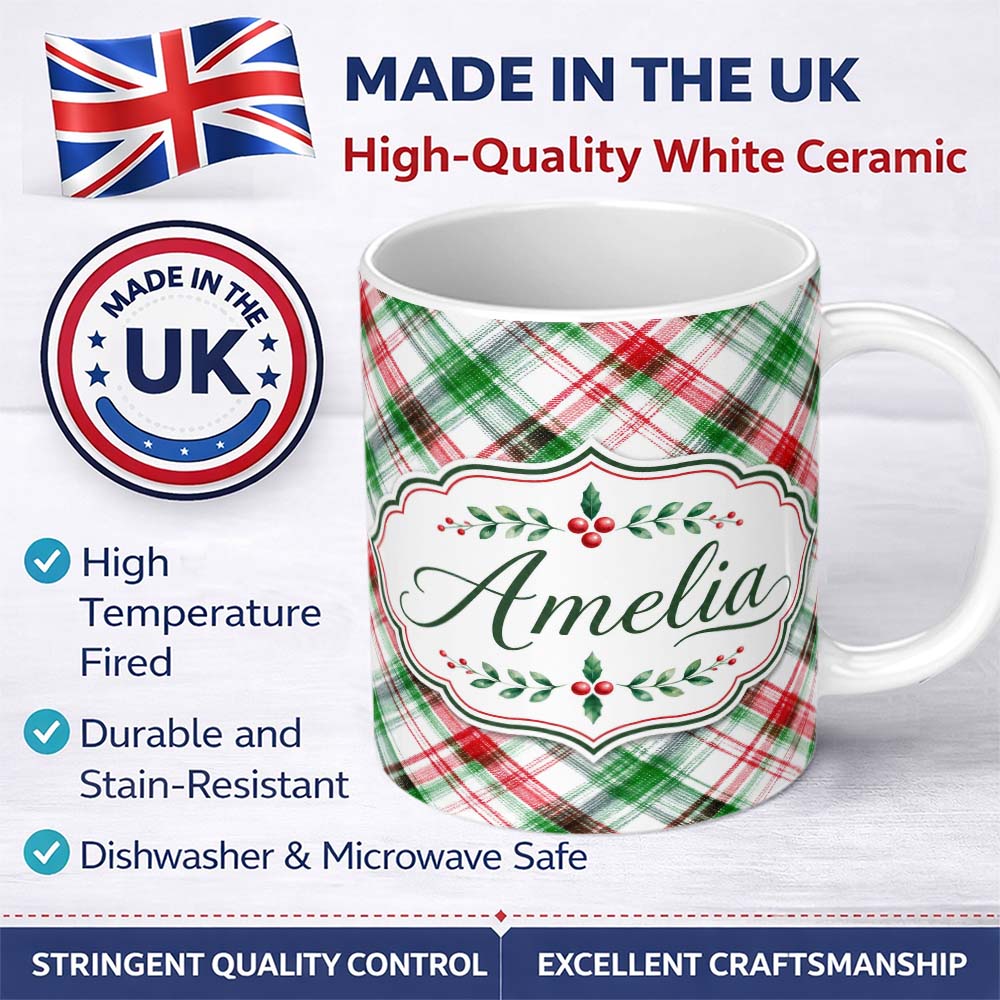 Personalized Custom Name Watercolor Red Green Christmas Tartan Plaid Festive Seamless Pattern 11oz Ceramic Coffee Tea Mug White Large Handle