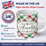 Personalized Custom Name Watercolor Red Green Christmas Tartan Plaid Festive Seamless Pattern 11oz Ceramic Coffee Tea Mug White Large Handle