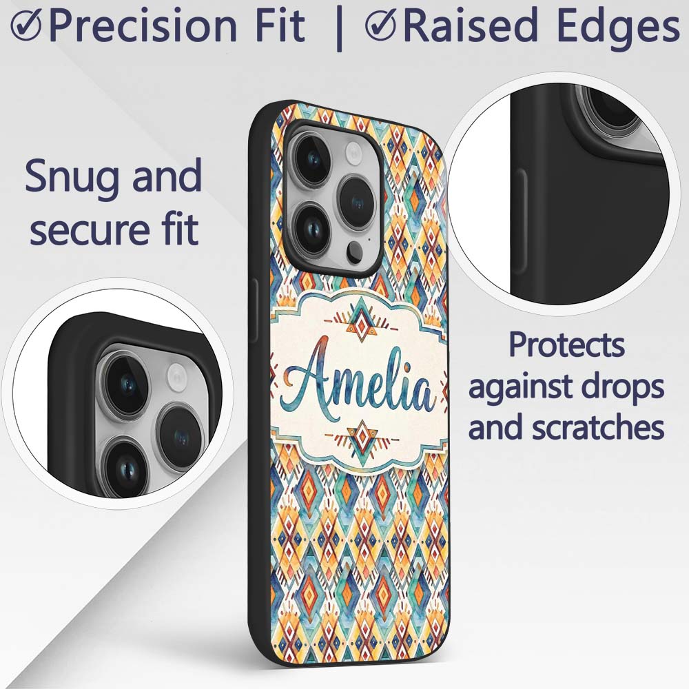 Colorful Diamond Aztec Tribal Watercolor Seamless Custom Name Protective Phone Case Mobile Cover Durable Everyday Smartphone Shock Resistant