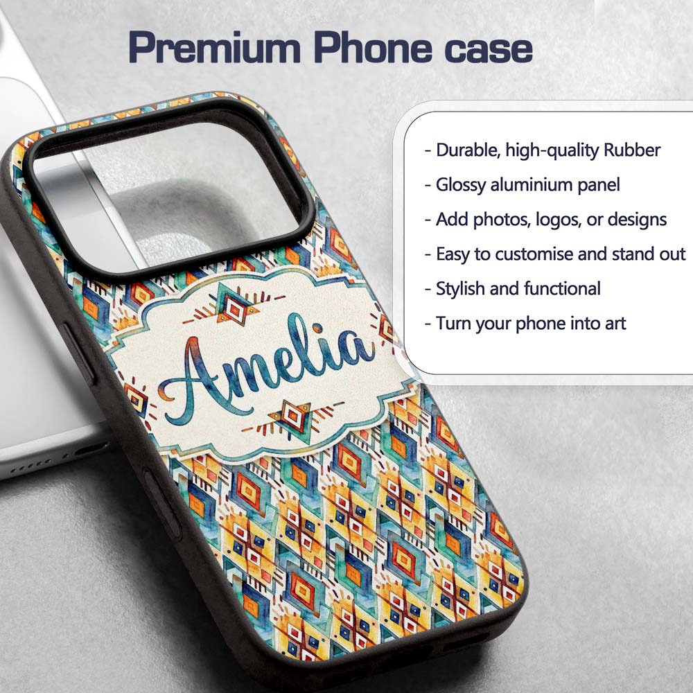 Colorful Diamond Aztec Tribal Watercolor Seamless Custom Name Protective Phone Case Mobile Cover Durable Everyday Smartphone Shock Resistant