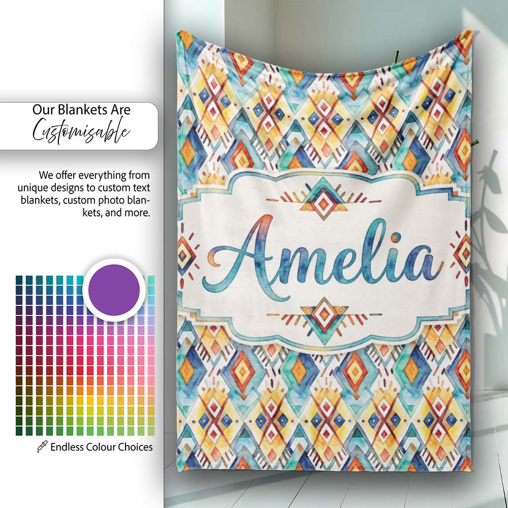 Colorful Diamond Aztec Tribal Watercolor Seamless Pattern Design  Personalised Custom Name Super Soft Fleece Blanket Bed Sofa Throw