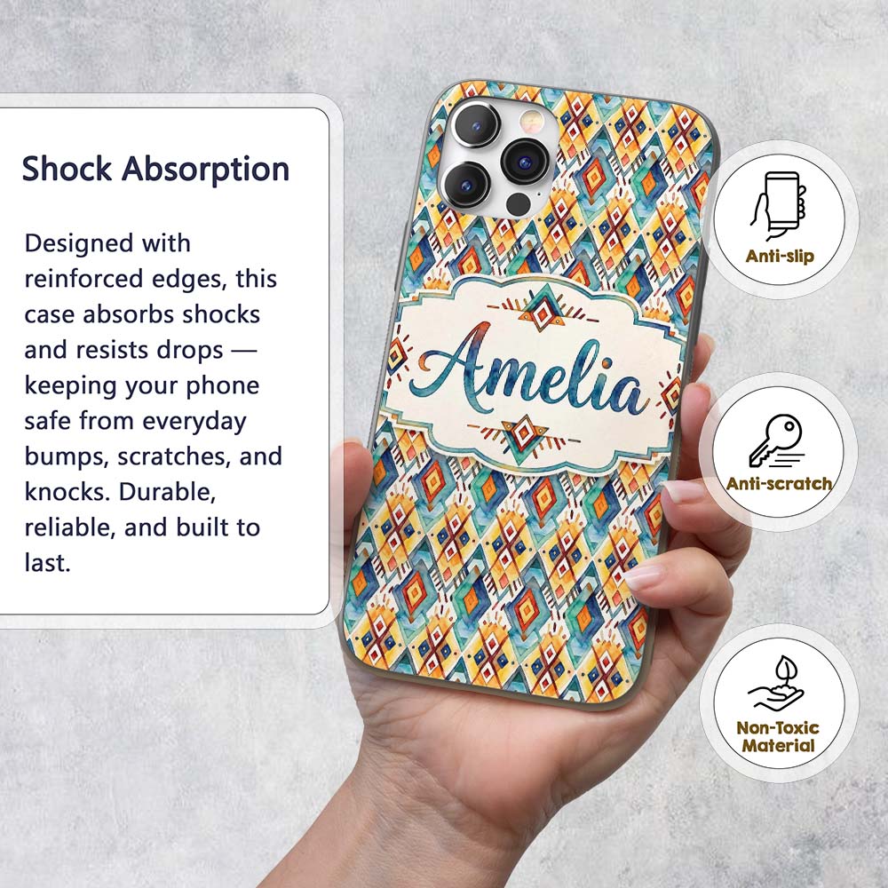 Colorful Diamond Aztec Tribal Watercolor Seamless Custom Name Protective Phone Case Mobile Cover Durable Everyday Smartphone Shock Resistant