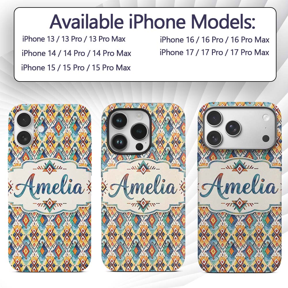 Colorful Diamond Aztec Tribal Watercolor Seamless Custom Name Protective Phone Case Mobile Cover Durable Everyday Smartphone Shock Resistant