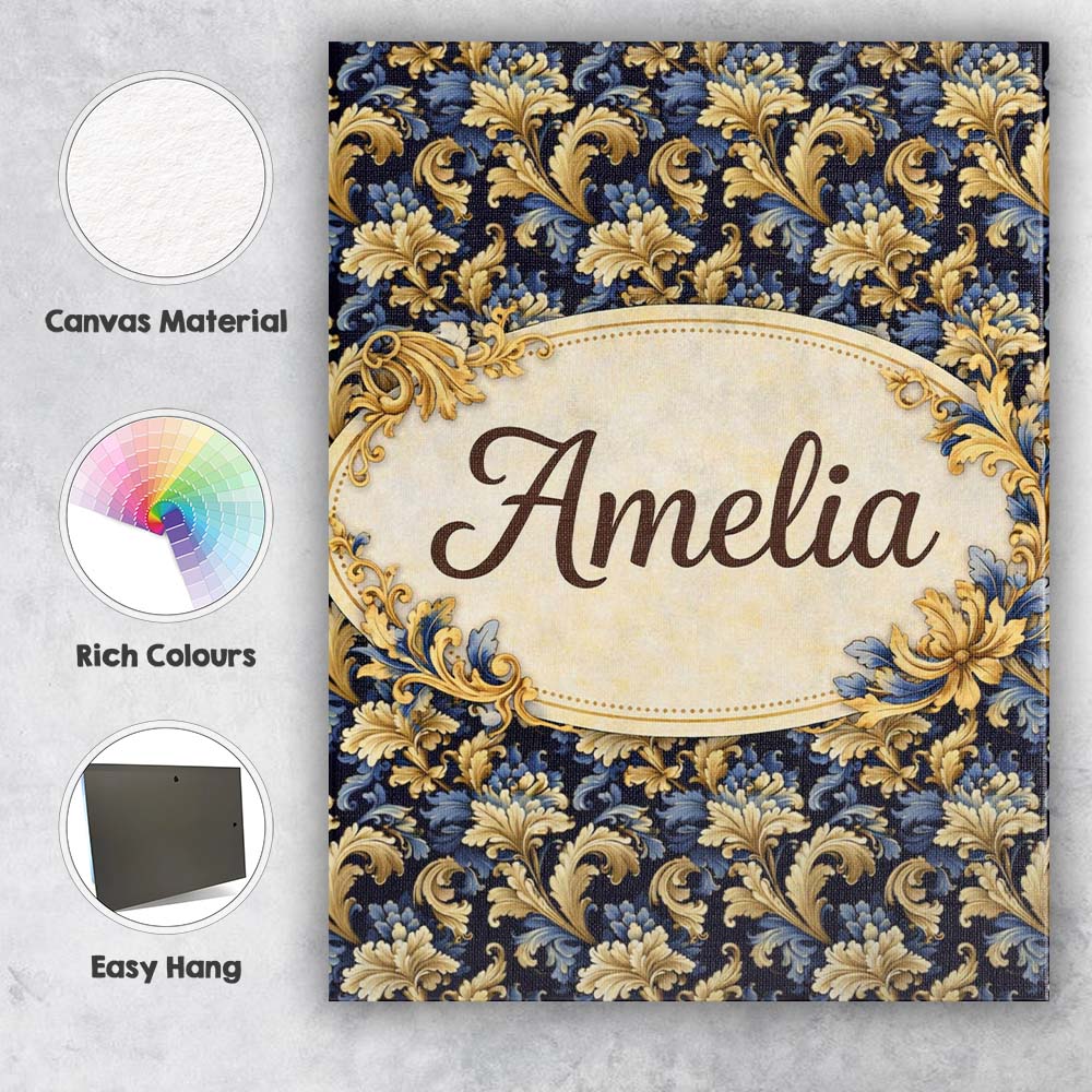 Personalised Name Blue Gold Baroque Floral Seamless Pattern Luxury Custom  Unique Canvas Wall Art Print Decor Picture Ready to Hang