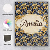 Personalised Name Blue Gold Baroque Floral Seamless Pattern Luxury Custom  Unique Canvas Wall Art Print Decor Picture Ready to Hang