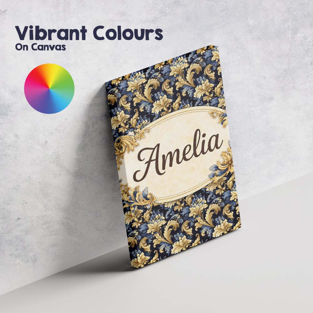 Personalised Name Blue Gold Baroque Floral Seamless Pattern Luxury Custom  Unique Canvas Wall Art Print Decor Picture Ready to Hang