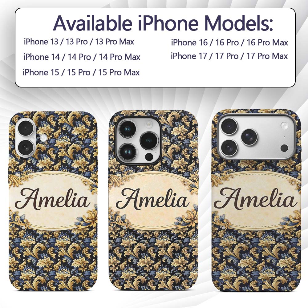 Blue Gold Baroque Floral Seamless Pattern Luxury Custom Name Protective Phone Case Mobile Cover Durable Everyday Smartphone Shock Resistant
