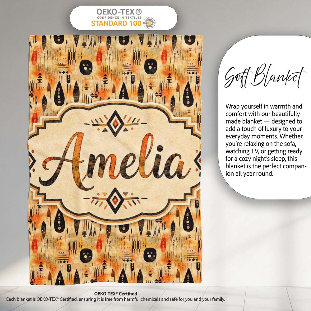 Earthy Tribal Ethnic Abstract Symbols Seamless Pattern Design Lovely  Personalised Custom Name Super Soft Fleece Blanket Bed Sofa Throw