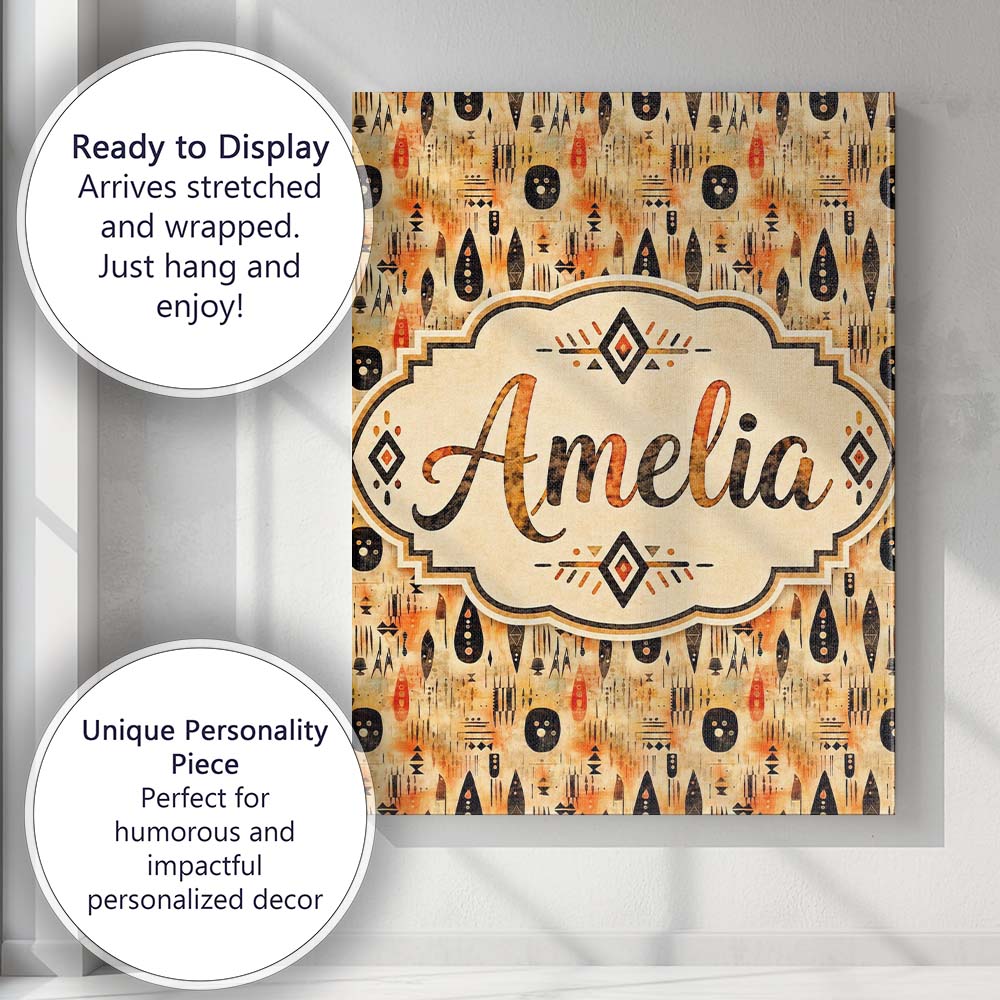 Personalised Name Earthy Tribal Ethnic Custom  Modern Room Accent Elegant Feature Canvas Wall Art Print Decor Picture Ready to Hang
