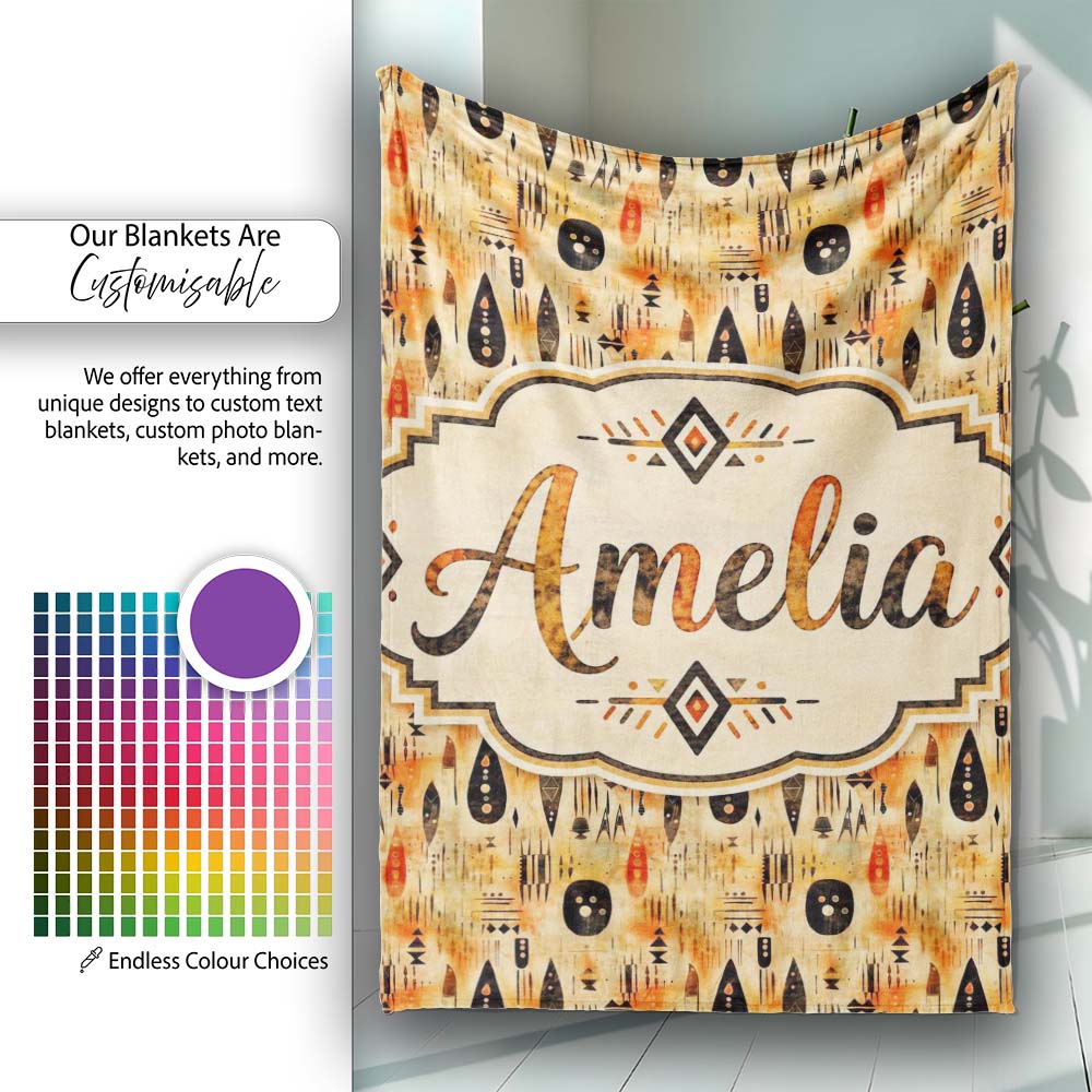 Earthy Tribal Ethnic Abstract Symbols Seamless Pattern Design Lovely  Personalised Custom Name Super Soft Fleece Blanket Bed Sofa Throw
