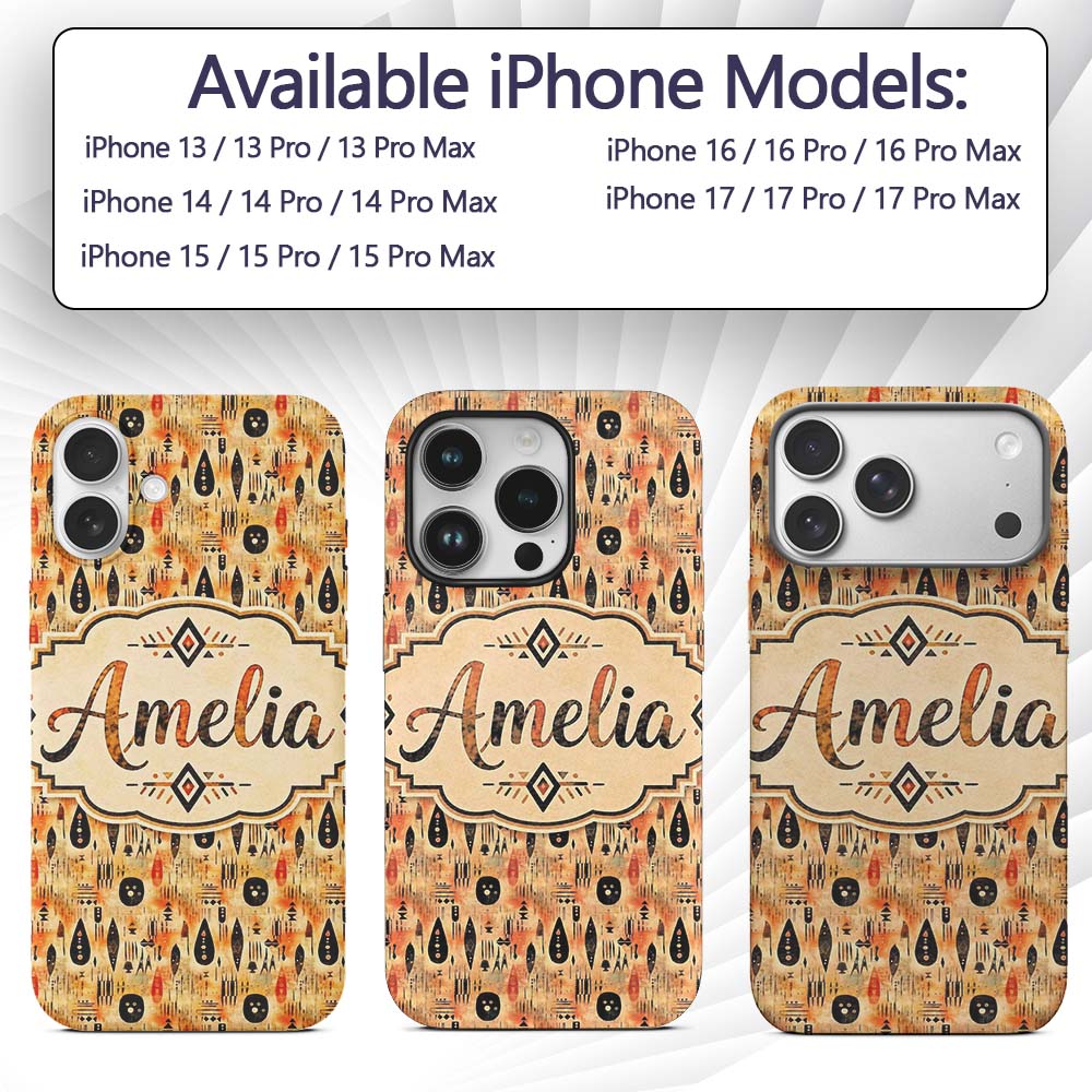 Earthy Tribal Ethnic Abstract Symbols Seamless Custom Name Protective Phone Case Mobile Cover Durable Everyday Smartphone Shock Resistant