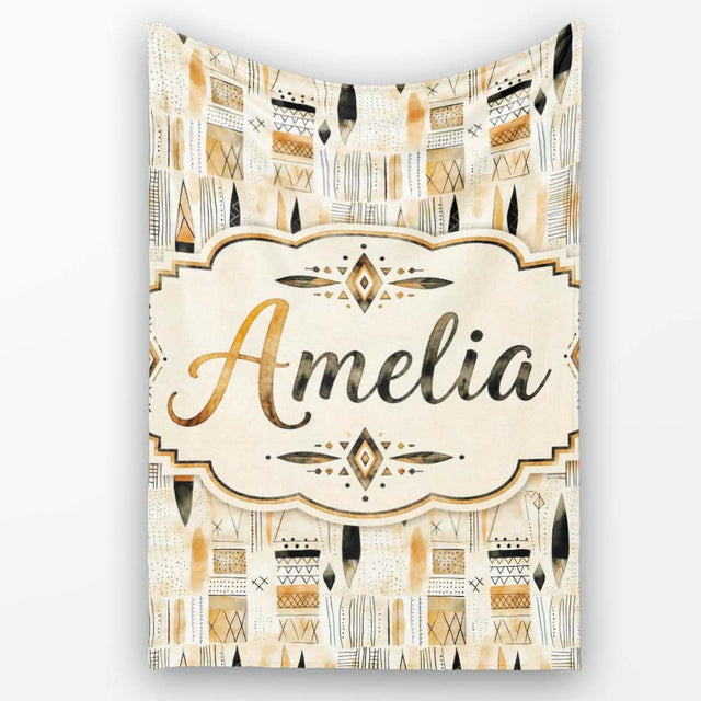 Neutral Tribal Geometric Shapes Earth Tone Watercolor Seamless  Personalised Custom Name Super Soft Fleece Blanket Bed Sofa Throw