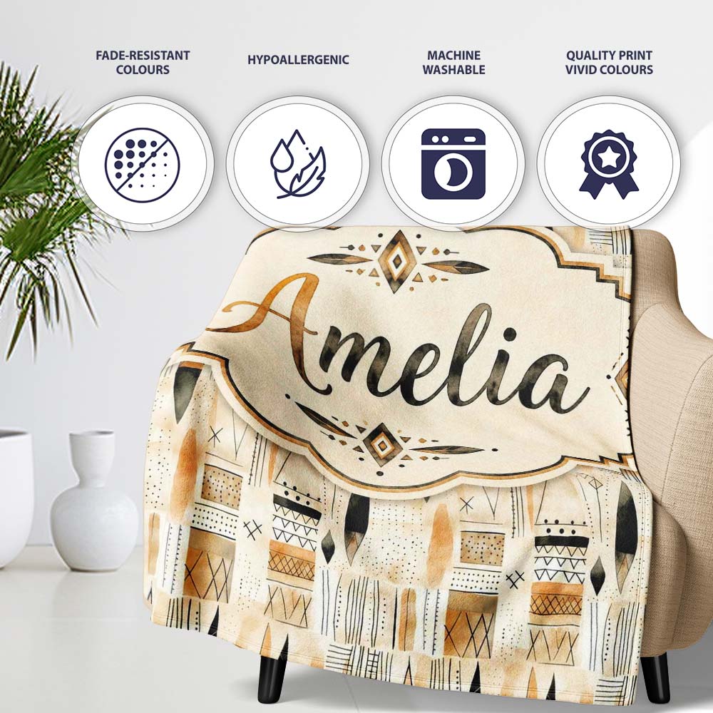 Neutral Tribal Geometric Shapes Earth Tone Watercolor Seamless  Personalised Custom Name Super Soft Fleece Blanket Bed Sofa Throw