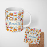 Personalized Custom Name Kawaii Fast Food Burger Sushi Taco Pizza Blue Gingham Seamless 11oz Ceramic Coffee Tea Mug White Large Handle