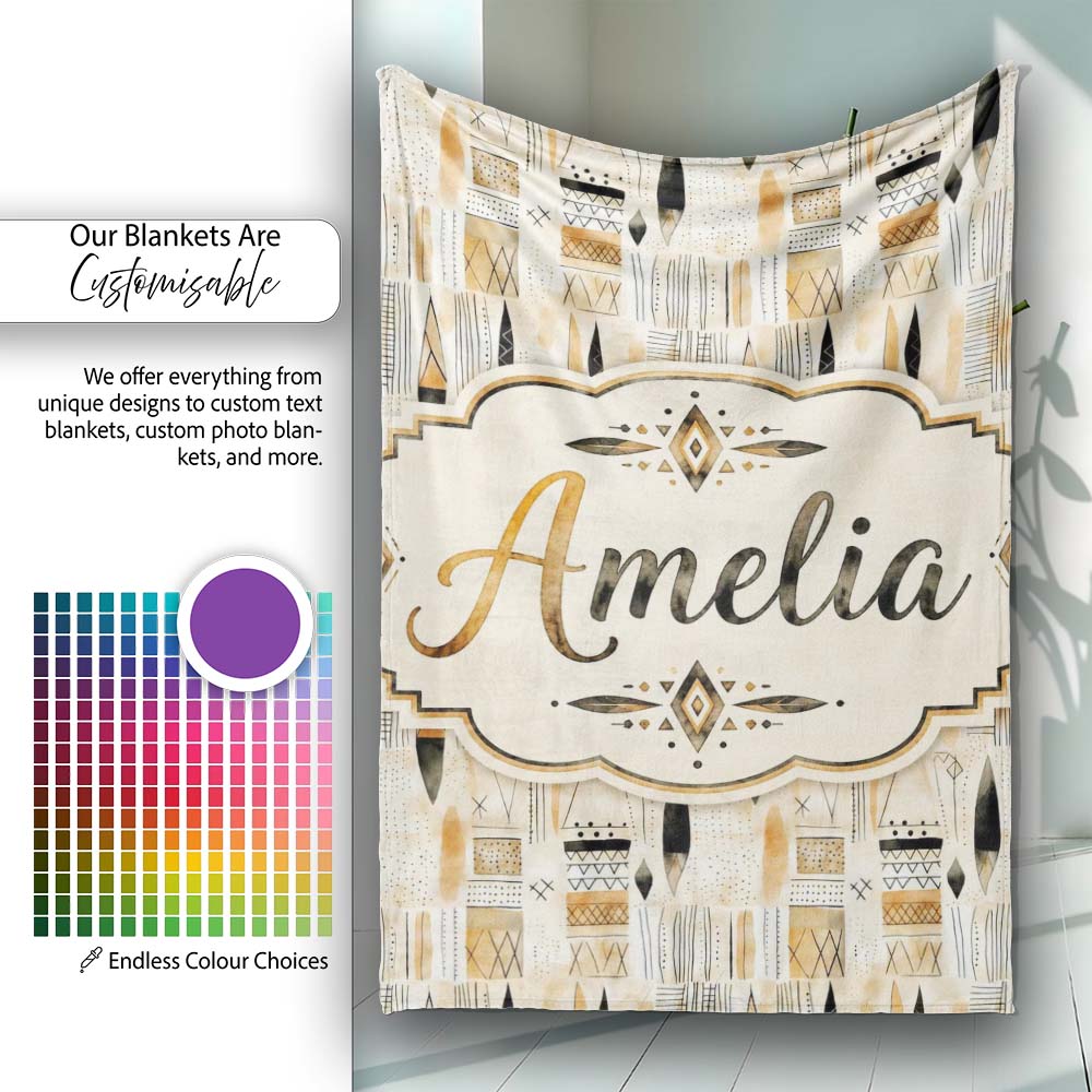 Neutral Tribal Geometric Shapes Earth Tone Watercolor Seamless  Personalised Custom Name Super Soft Fleece Blanket Bed Sofa Throw