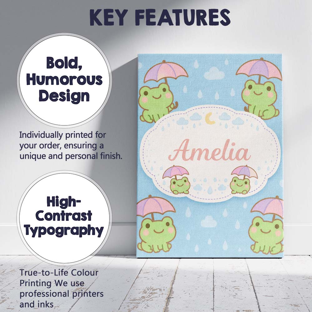 Personalised Name Cute Frog Umbrella Rain Cartoon Animal Pattern Custom  Interior Canvas Wall Art Print Decor Picture Ready to Hang