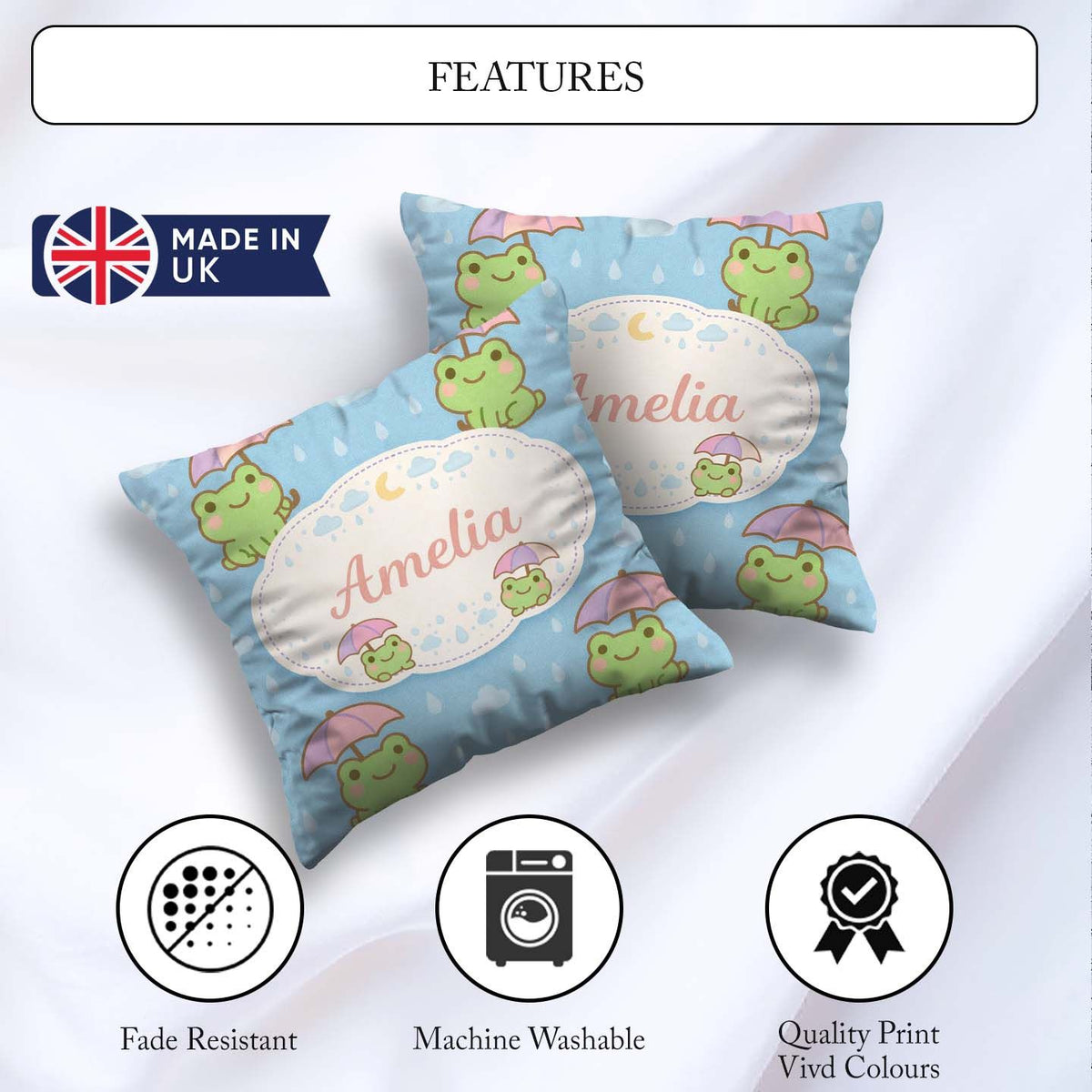 Custom Name Frog Umbrella Rain Cartoon Animal Pattern Everyday Square Filled Cushion Throw Pillow Sofa Bed Home Decor Zip Washable UK Made