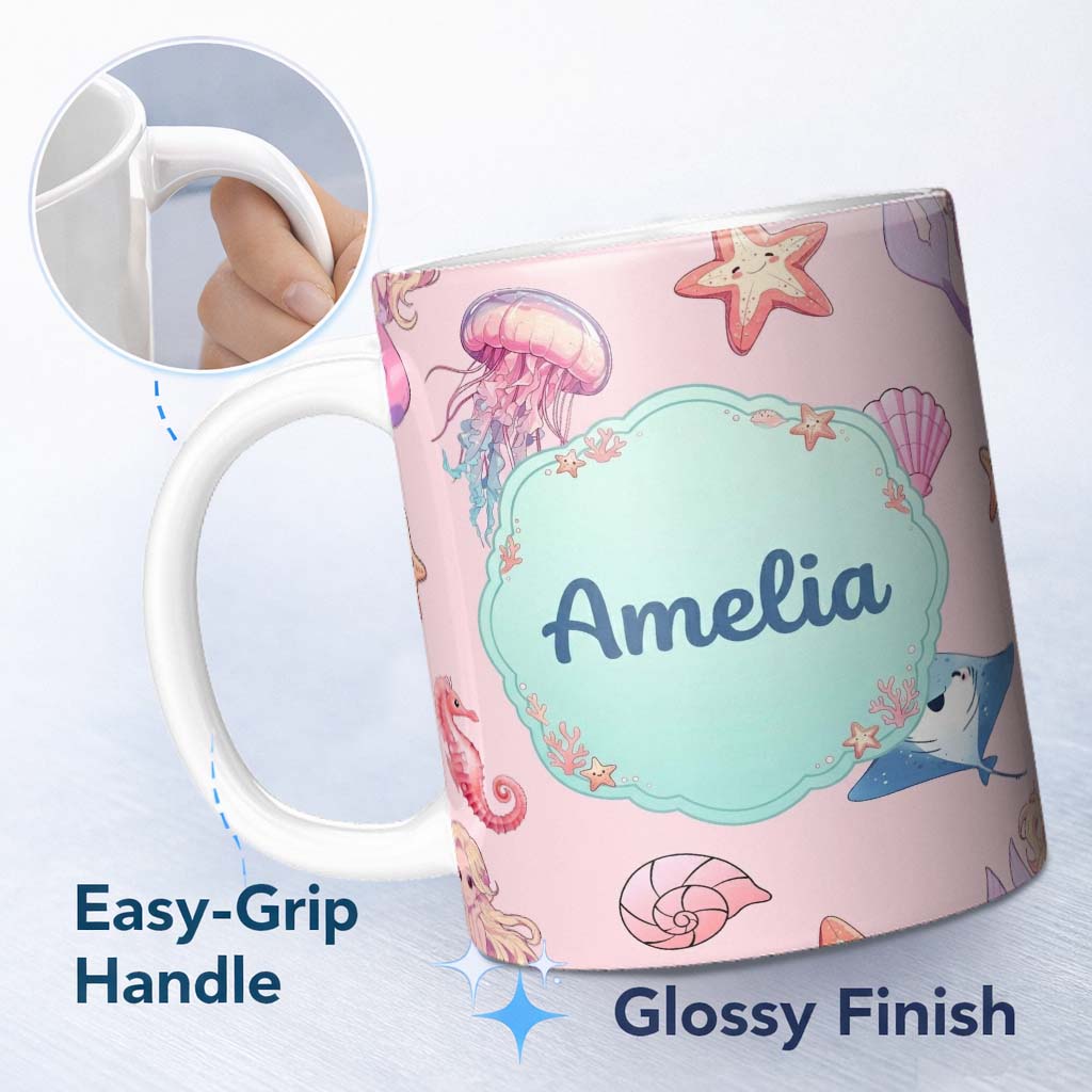 Personalized Custom Name Cute Blue Hair Mermaid Jellyfish Seahorse Soft Pink Background 11oz Ceramic Coffee Tea Mug White Large Handle