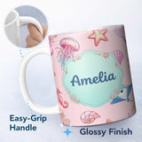 Personalized Custom Name Cute Blue Hair Mermaid Jellyfish Seahorse Soft Pink Background 11oz Ceramic Coffee Tea Mug White Large Handle