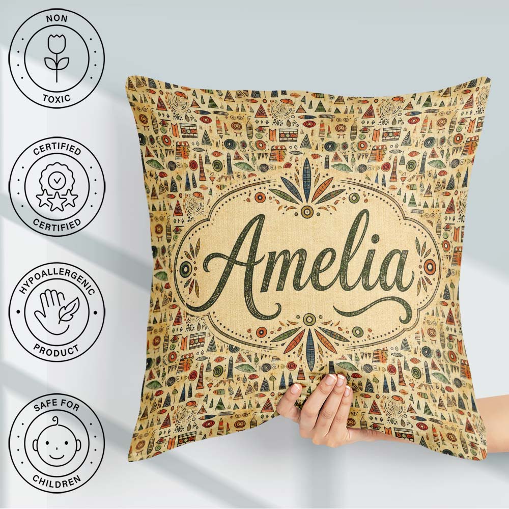 Custom Name Earthy Tribal Symbols Ethnic Seamless Pattern Design Square Filled Cushion Throw Pillow Sofa Bed Home Decor Zip Washable UK Made