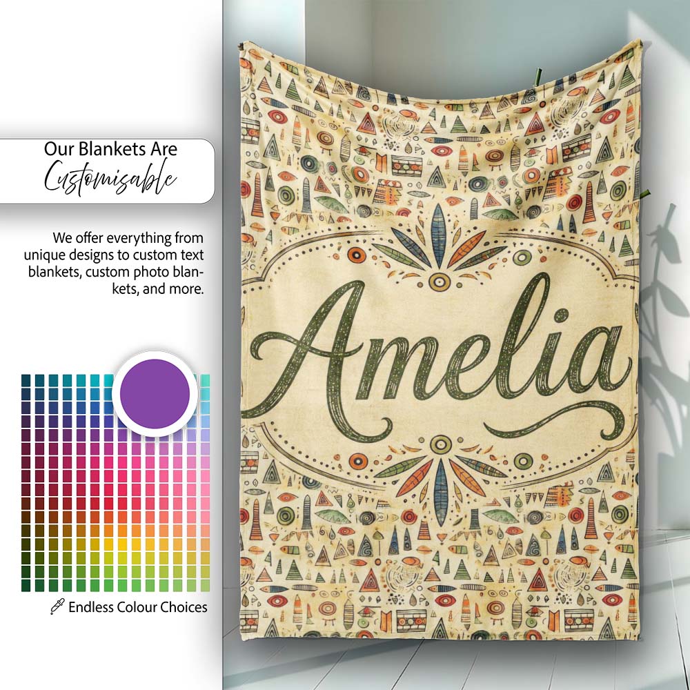 Earthy Tribal Symbols Hand Drawn Ethnic Seamless Pattern Design  Personalised Custom Name Super Soft Fleece Blanket Bed Sofa Throw