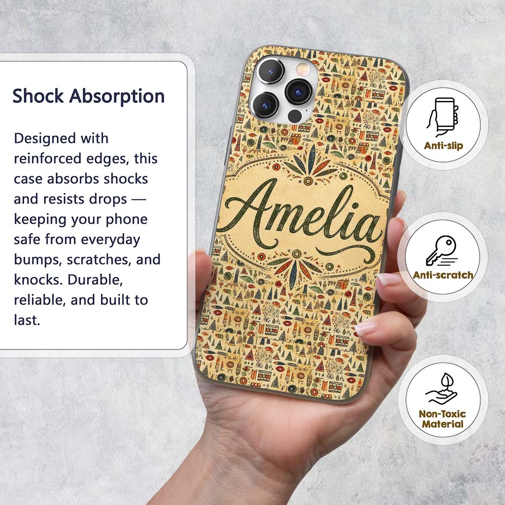 Earthy Tribal Symbols Hand Drawn Ethnic Seamless Custom Name Protective Phone Case Mobile Cover Durable Everyday Smartphone Shock Resistant