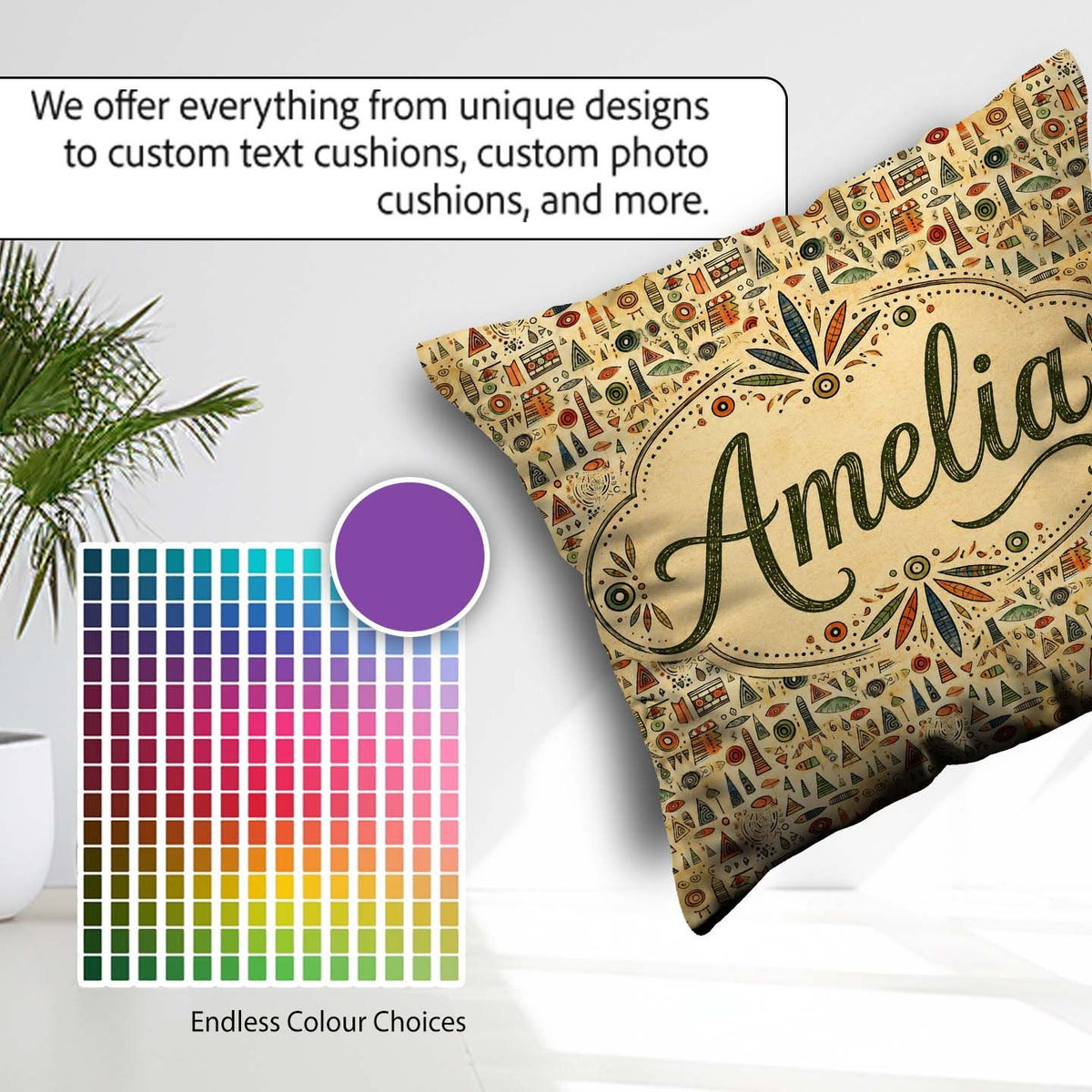 Custom Name Earthy Tribal Symbols Ethnic Seamless Pattern Design Square Filled Cushion Throw Pillow Sofa Bed Home Decor Zip Washable UK Made