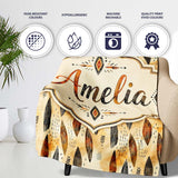 Rustic Feather Tribal Pattern Warm Brown Tones Seamless Pattern  Personalised Custom Name Super Soft Fleece Blanket Bed Sofa Throw