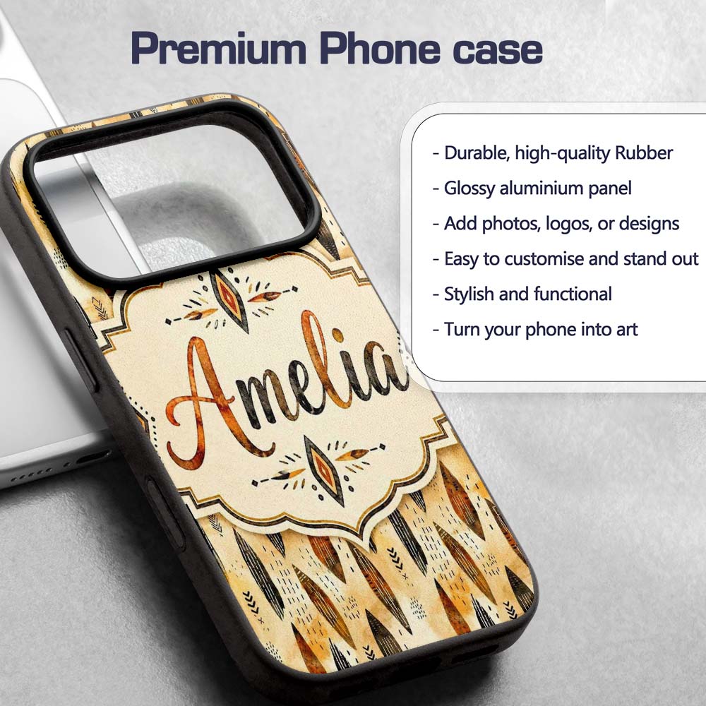 Rustic Feather Tribal Pattern Warm Brown Tones Custom Name Protective Phone Case Mobile Cover Durable Everyday Smartphone Shock Resistant