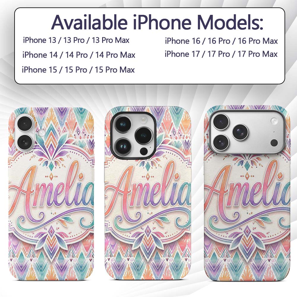 Pastel Geometric Art Deco Watercolor Seamless Custom Name Protective Phone Case Mobile Cover Durable Everyday Smartphone Shock Resistant