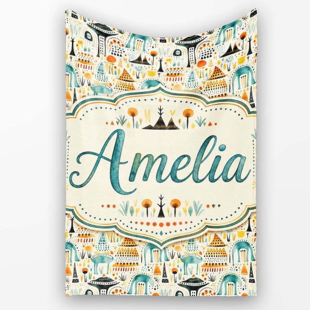 Whimsical Tribal Village Houses TreesAbstract Landscape Seamless  Personalised Custom Name Super Soft Fleece Blanket Bed Sofa Throw