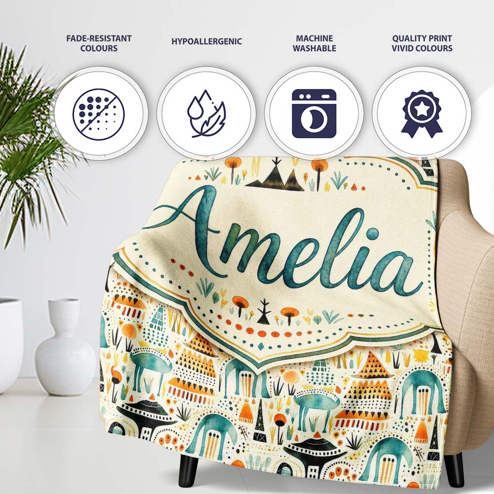 Whimsical Tribal Village Houses TreesAbstract Landscape Seamless  Personalised Custom Name Super Soft Fleece Blanket Bed Sofa Throw