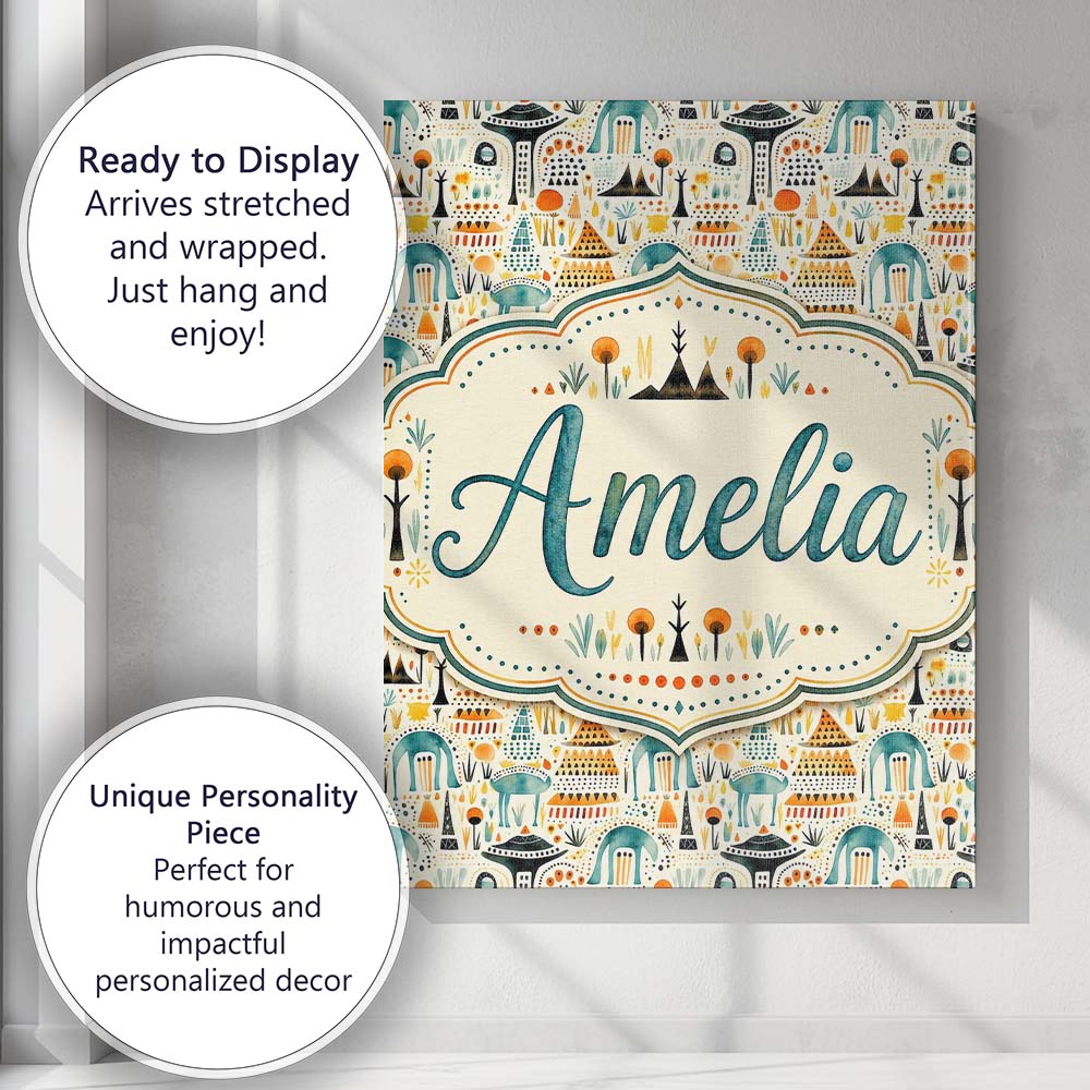 Personalised Name Whimsical Tribal Village Custom  Unique Gift Idea Elegant Feature Canvas Wall Art Print Decor Picture Ready to Hang