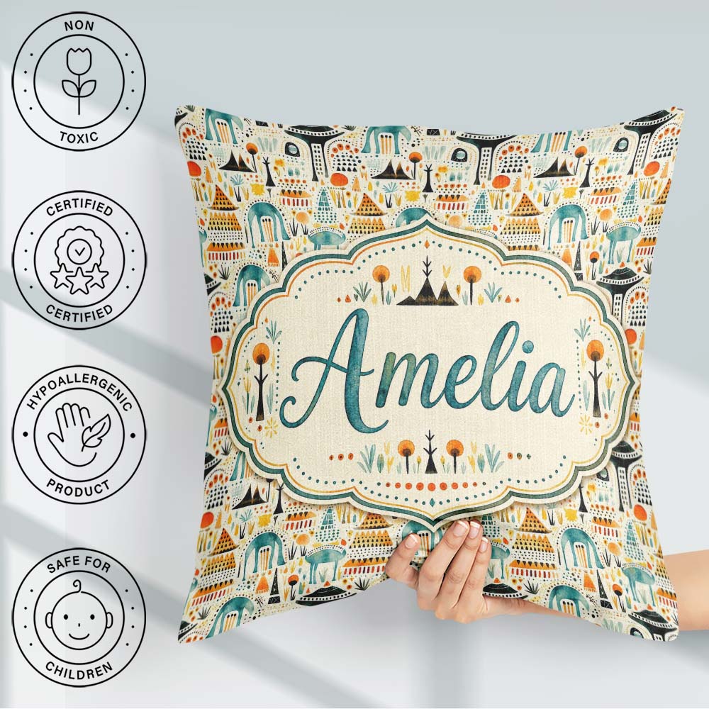Custom Name Whimsical Tribal Village Houses Landscape Seamless Square Filled Cushion Throw Pillow Sofa Bed Home Decor Zip Washable UK Made
