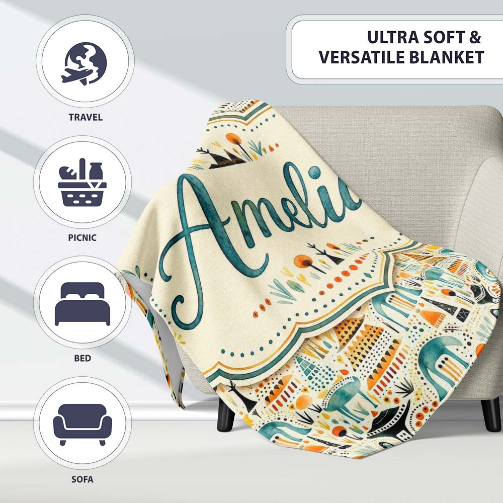Whimsical Tribal Village Houses TreesAbstract Landscape Seamless  Personalised Custom Name Super Soft Fleece Blanket Bed Sofa Throw