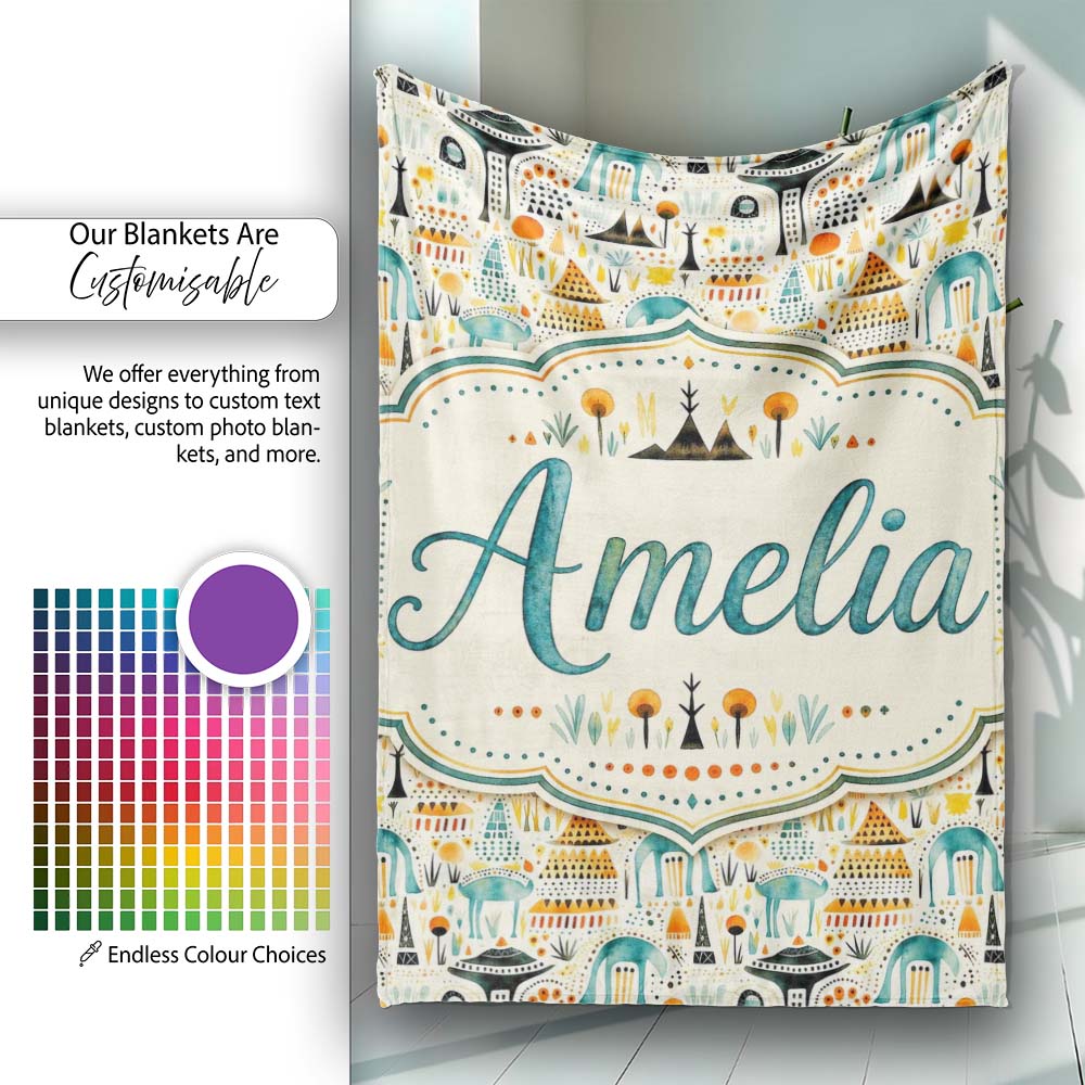 Whimsical Tribal Village Houses TreesAbstract Landscape Seamless  Personalised Custom Name Super Soft Fleece Blanket Bed Sofa Throw